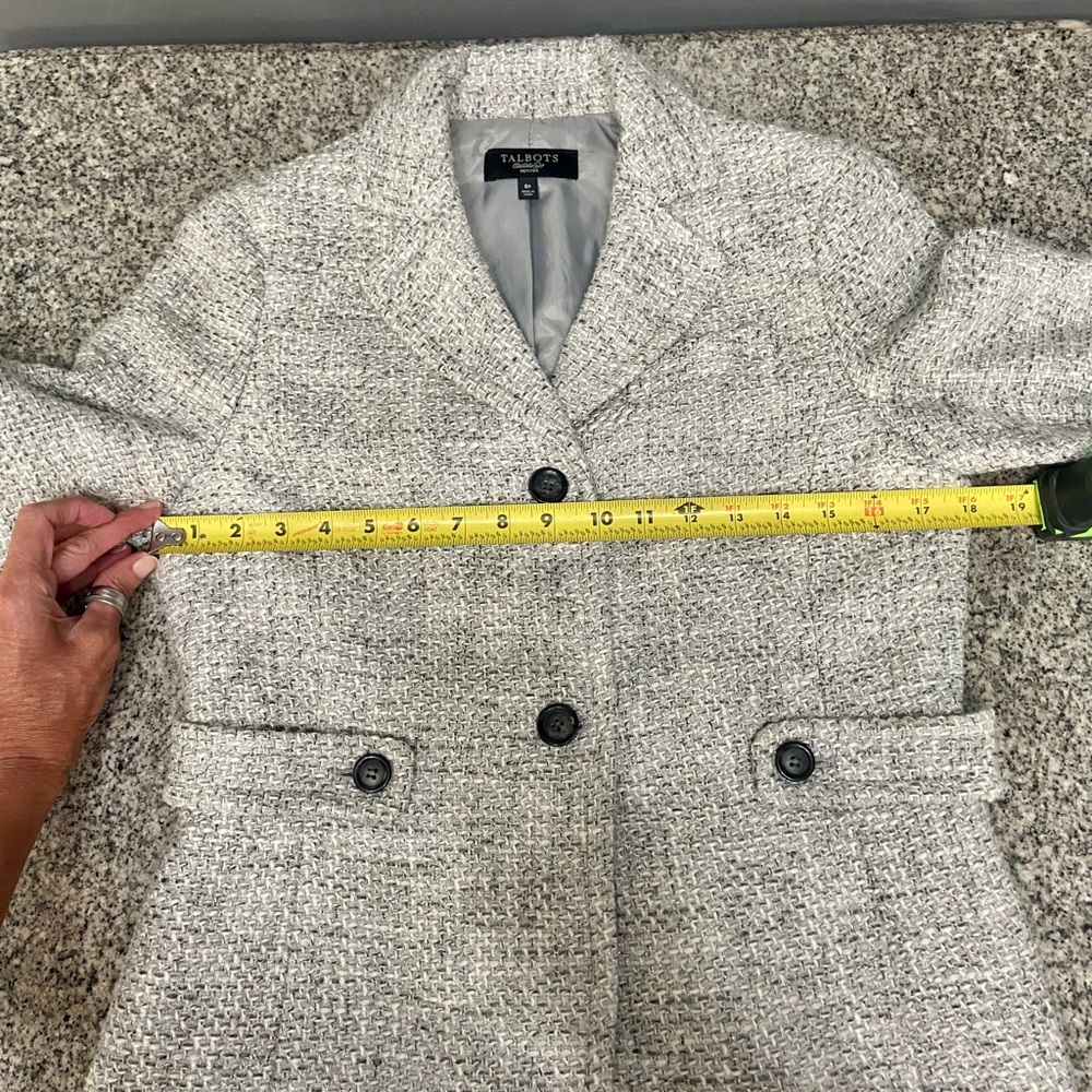 TALBOTS-Cotton Blend Grey White Silver Threads Tweed Coat Womens Petite 8P - Picture 16 of 17